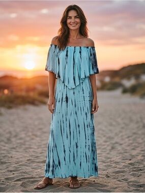 Chelsea & Theodore Off the Shoulder Aqua and Black Printed Maxi Dress